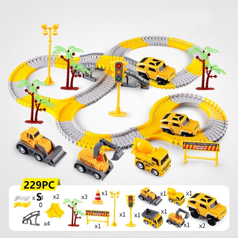 Overhead view of assembled glowing race track with multiple toy cars