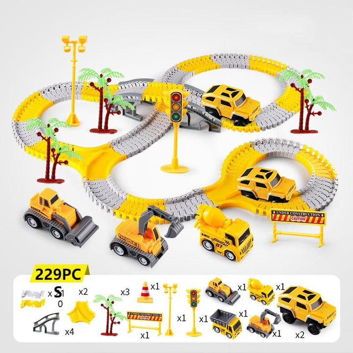 Overhead view of assembled glowing race track with multiple toy cars
