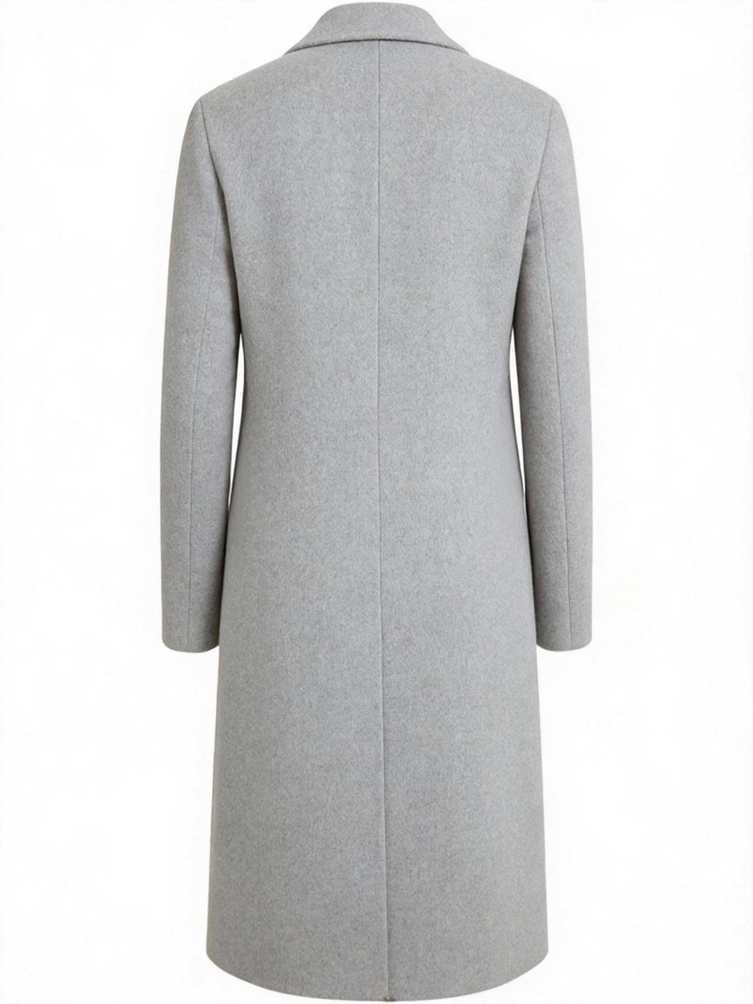 Close-up of the black trench coat collar and high-quality front buttoning.