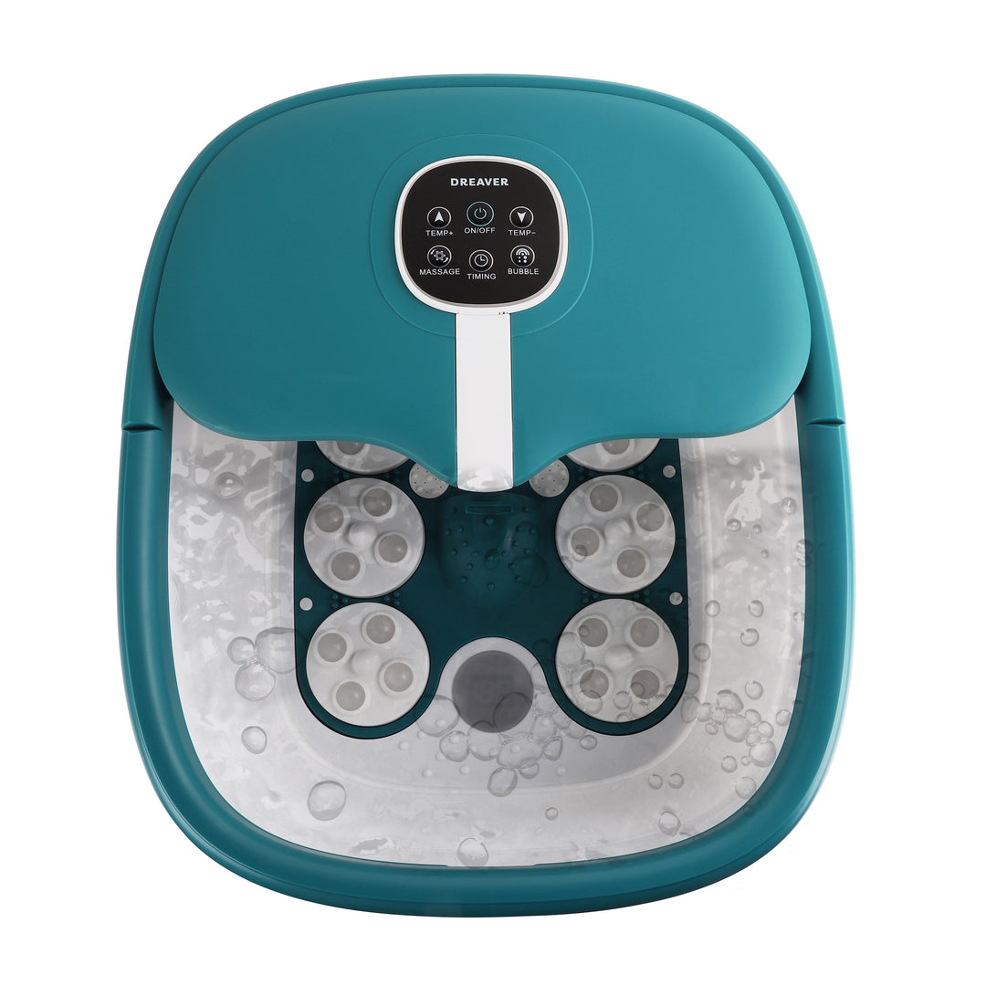 Top view of the teal foldable heated foot spa filled with water and active bubbles