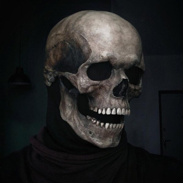 Dark atmospheric view highlighting the eerie details of the skull mask