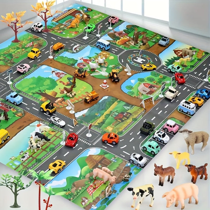 Overhead view of the double-sided farm and traffic play mat with toy cars and animals