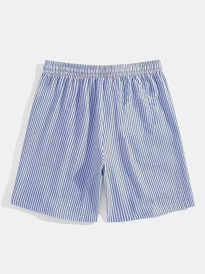 Close up fabric texture of mens casual summer striped shorts