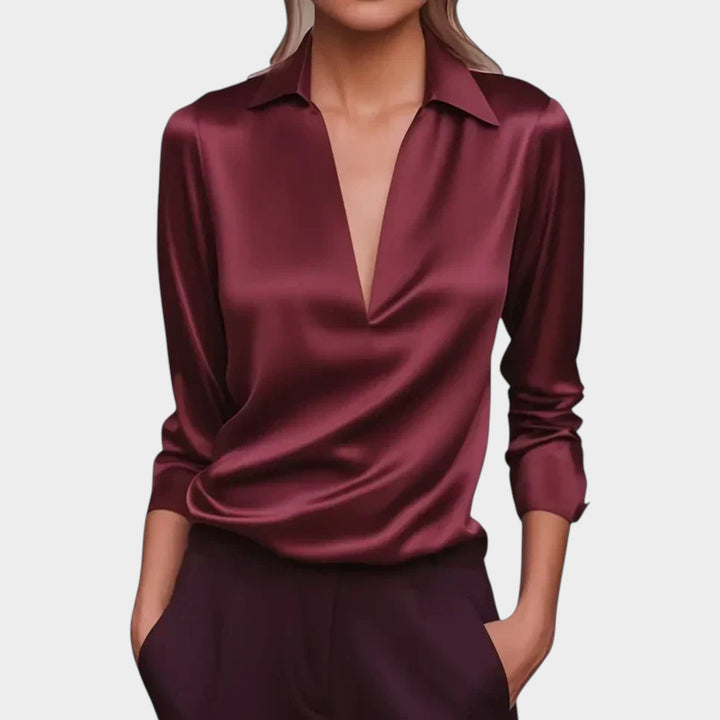Stylish womenswear classic collar shirt featuring a flattering v-neck