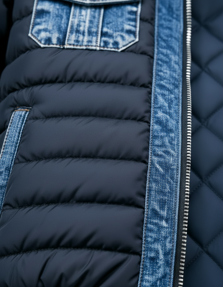 Close-up of quilted padding and textured fabric panels on the jacket