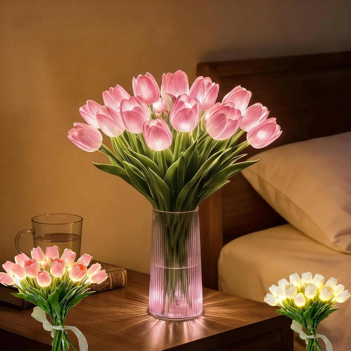 Pink LED tulip flower lamp casting a soft warm glow
