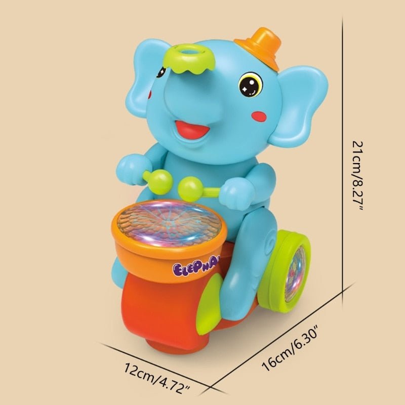 Blue baby elephant drum toy showing dimensions in centimeters