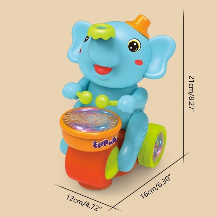 Blue baby elephant drum toy showing dimensions in centimeters