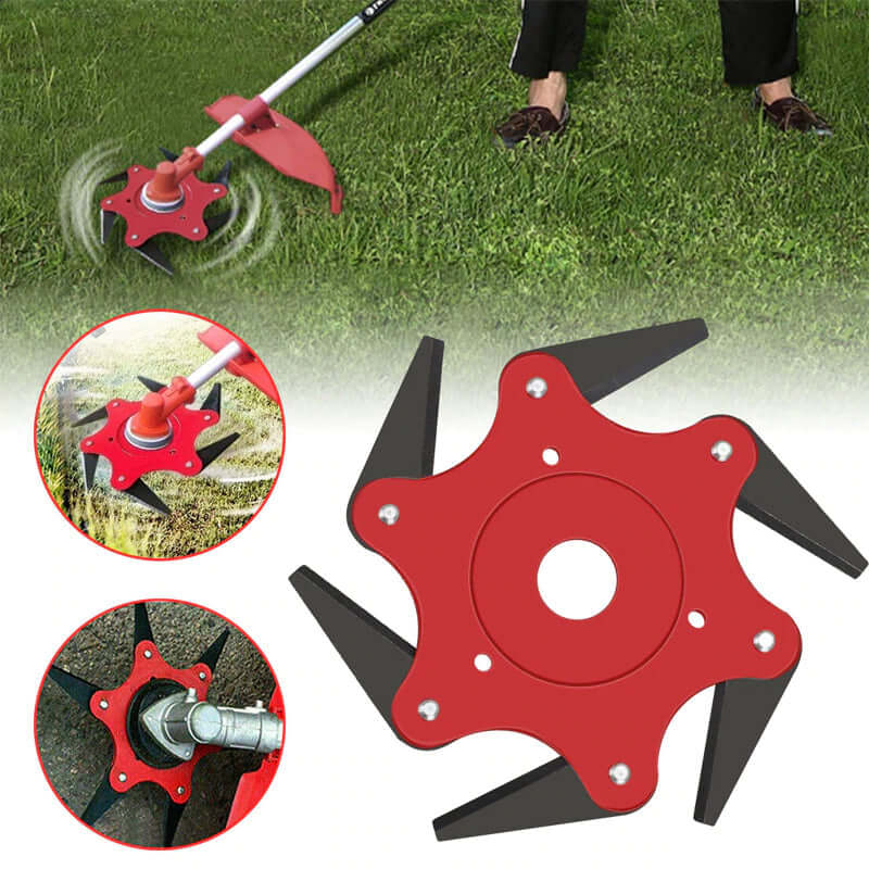 Red steel trimmer head attached to a grass cutter working on a lawn