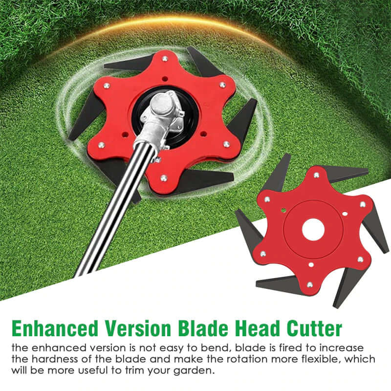 Close-up of durable steel blades on a grass trimmer head for lawn care landscaping