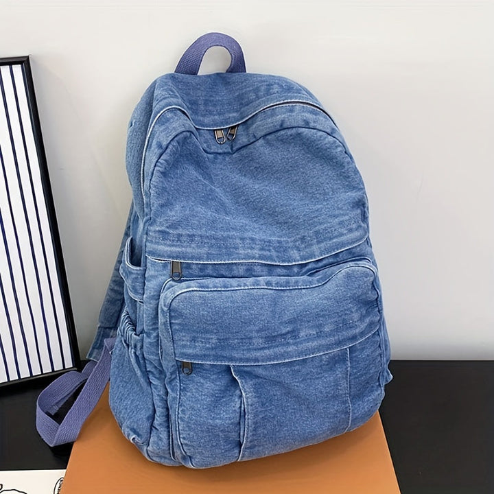 Unisex casual denim backpack front view