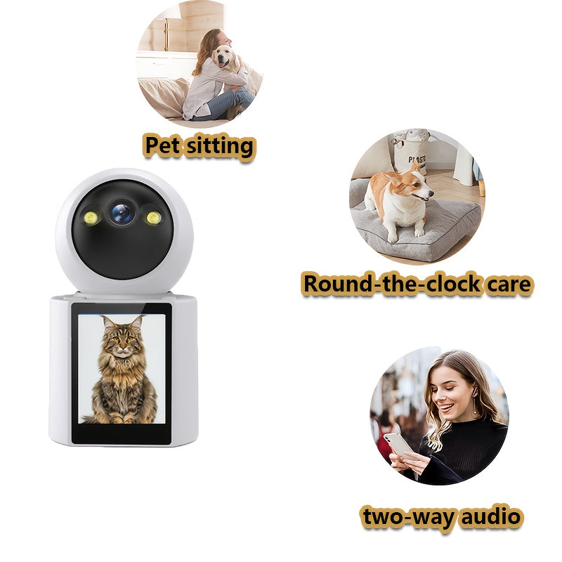 Indoor pet security camera positioned on a modern living room shelf