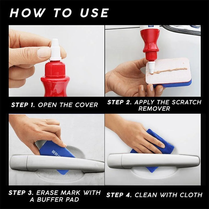 Demonstration of car scratch remover fixing paint blemishes on a vehicle