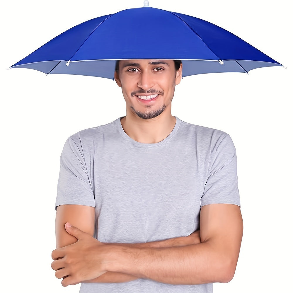 Man wearing a royal blue hands-free umbrella hat