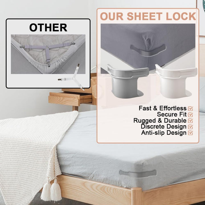 Pack of anti-slip mattress clips displayed to show easy installation on various bed sheet sizes