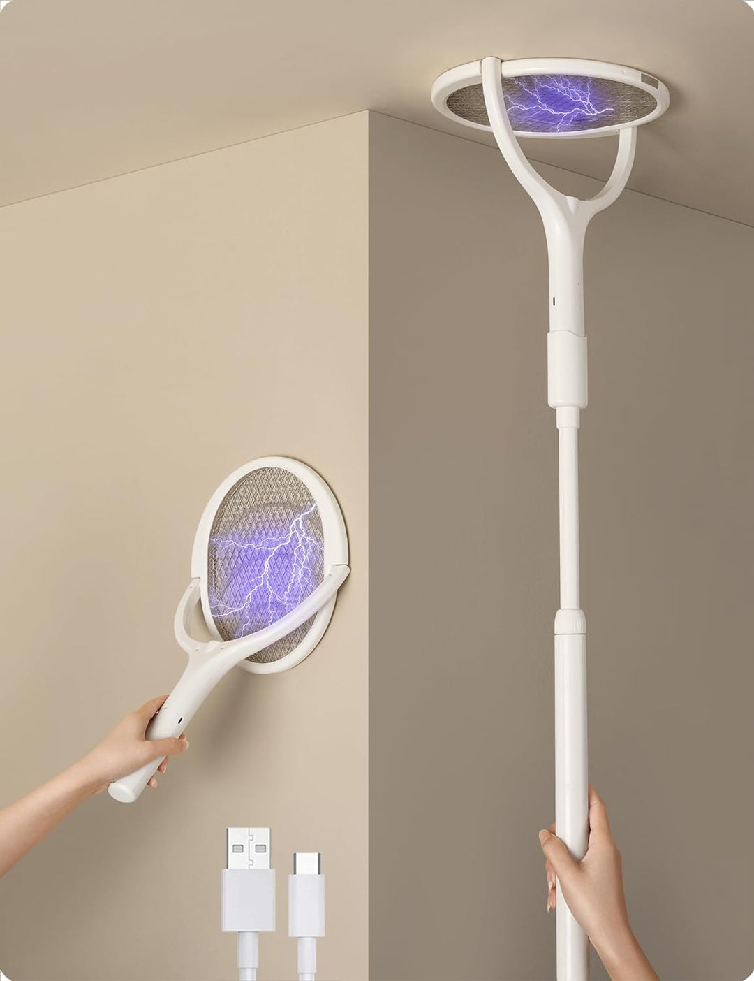 Electric fly swatter showing zapping mesh and USB charging cable