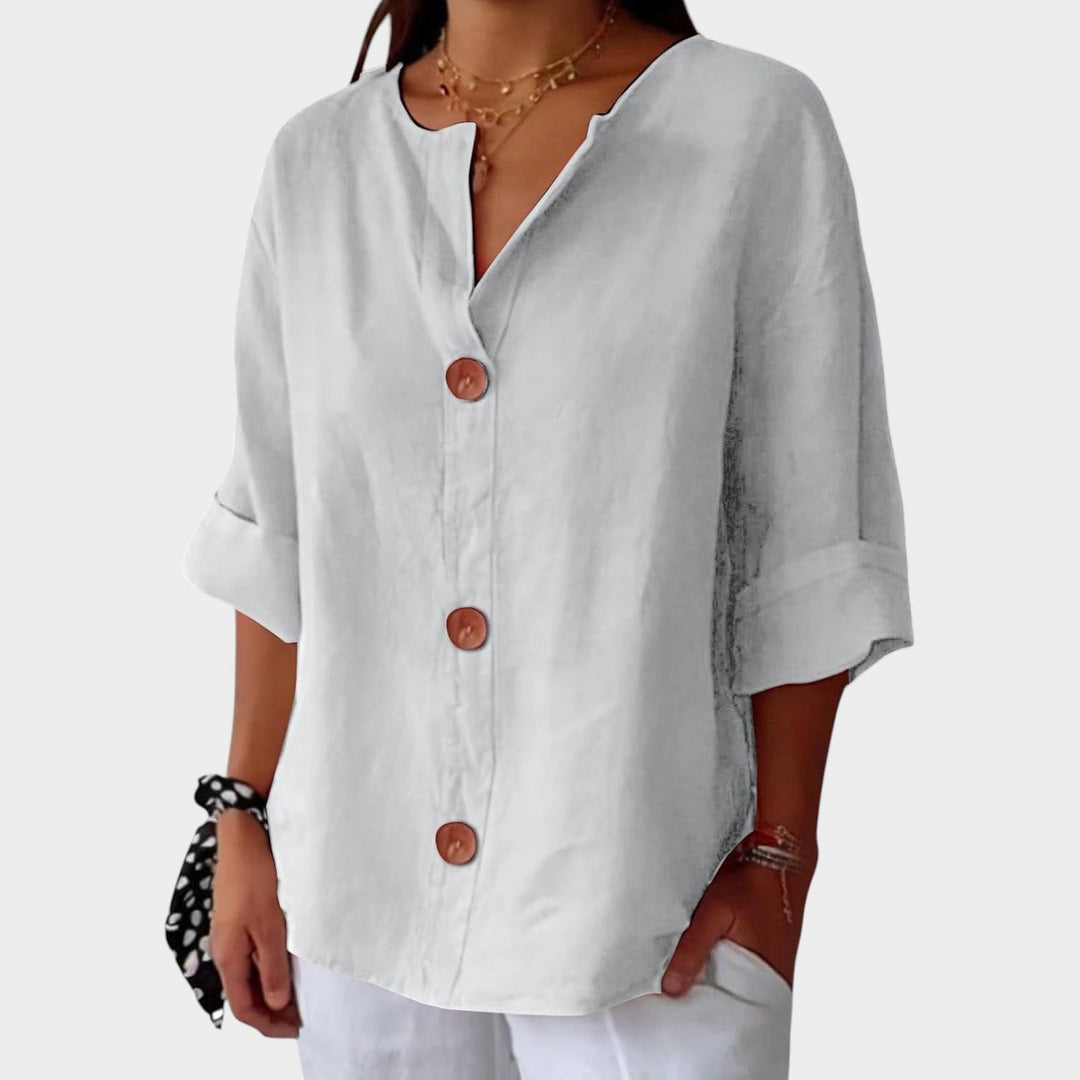 Casual button down shirt for women featuring breathable linen fabric and sleeves
