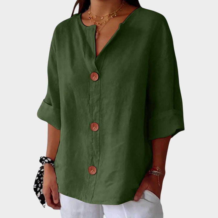 Stylish linen blend blouse for women with relaxed silhouette and buttons