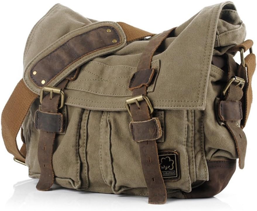 Front angled view of the green vintage canvas laptop shoulder bag