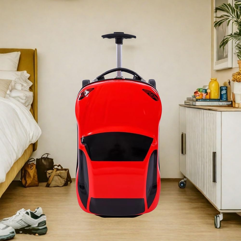 Red kids car suitcase displayed in a bedroom setting