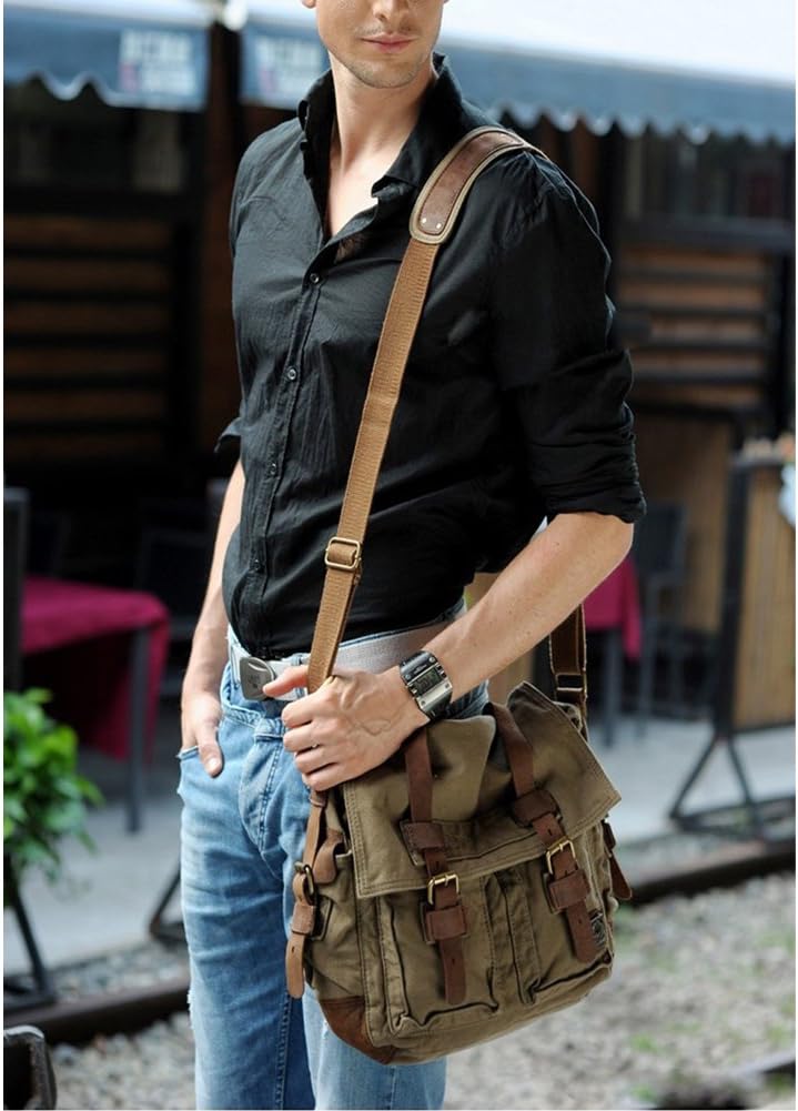 Close-up of durable canvas fabric and leather zipper pull on vintage laptop shoulder bag