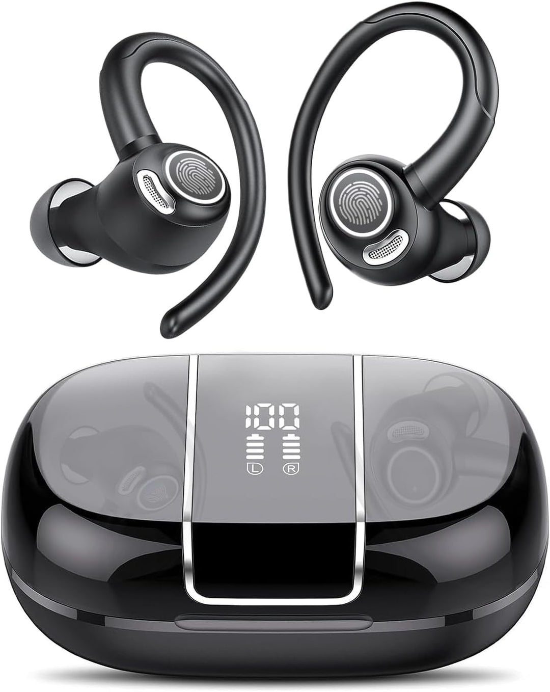 Black wireless sports earbuds with ear hooks alongside a charging case featuring a digital battery display