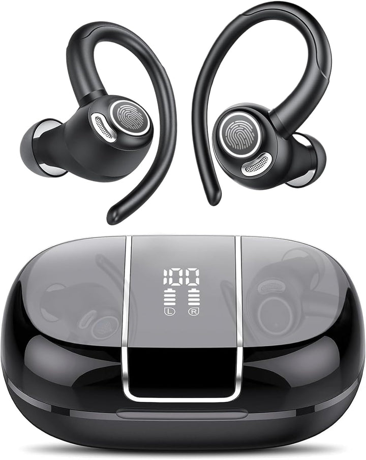 Black wireless sports earbuds with ear hooks alongside a charging case featuring a digital battery display