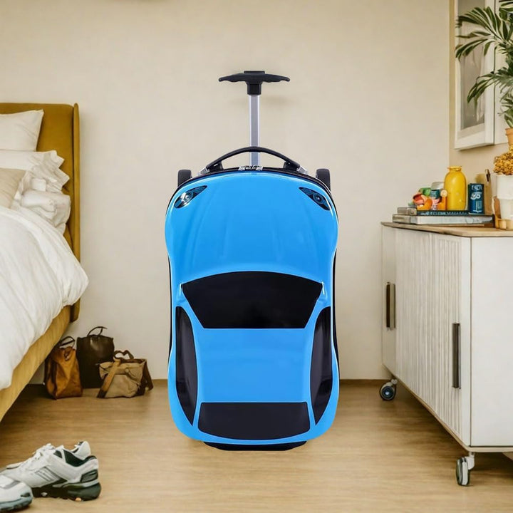 Fun blue children suitcase designed as a ride-on pull-along car