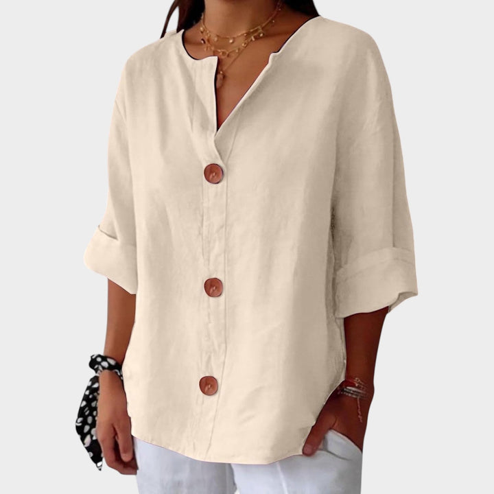 Classic womens button front blouse with three quarter sleeves for daily wear