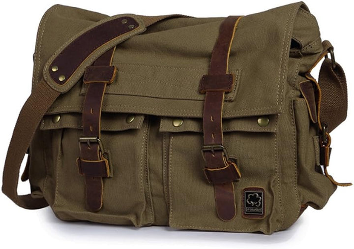 Front view of the green canvas messenger bag showing front pockets and straps