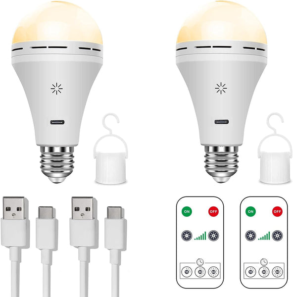 Wireless rechargeable LED bulb with USB-C cables, hanging hook, and remote controls