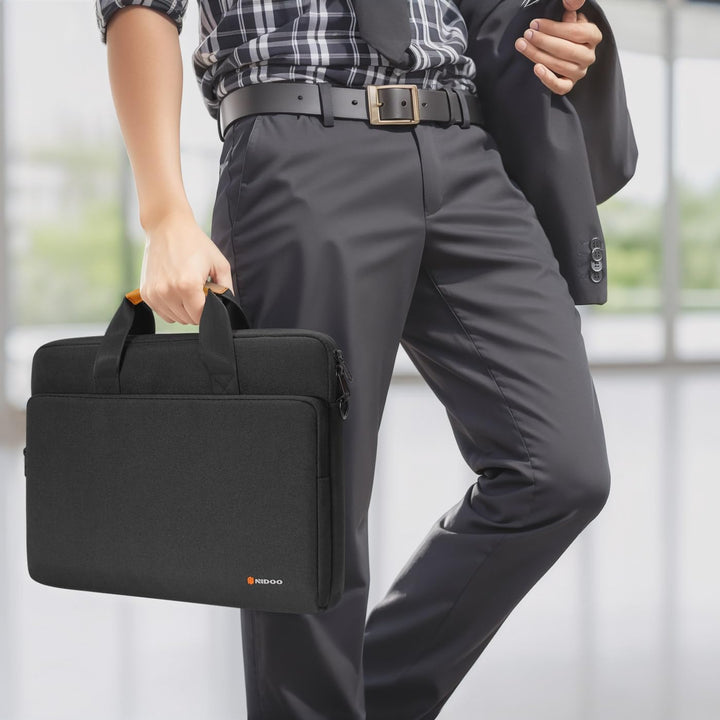 Tech organizer mesh pocket holding portable power bank securely.