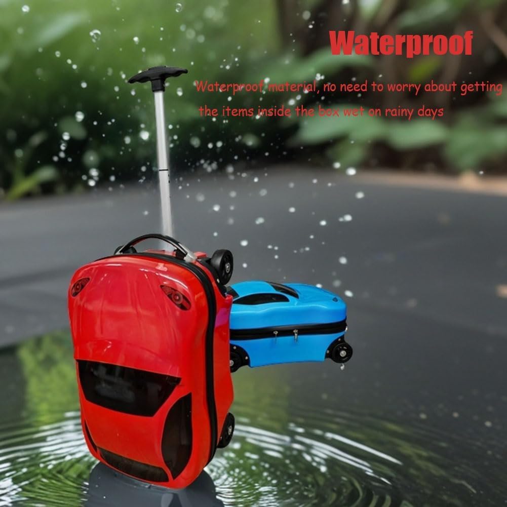 Compact kids luggage featuring realistic car details and extendable handle