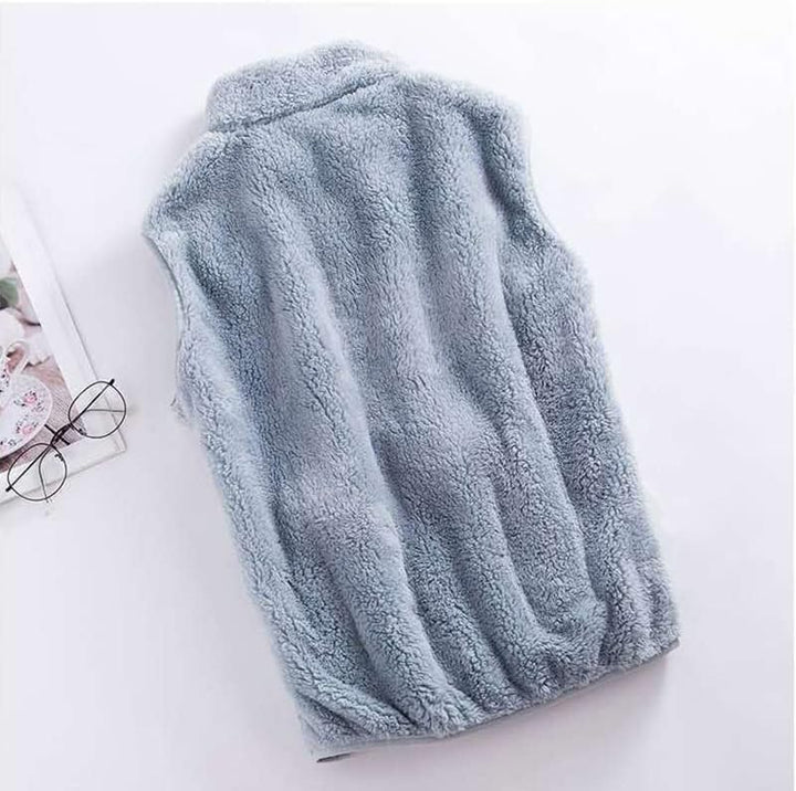 Full view of women's warm winter fleece gilet for cold season outfits