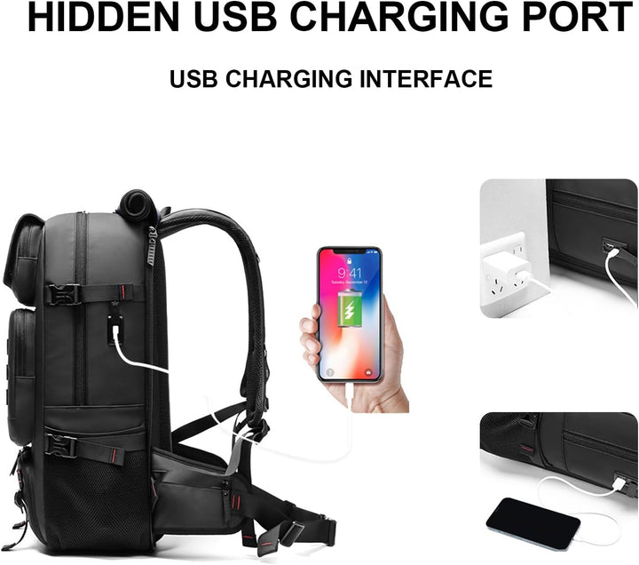 Durable hiking and laptop backpack featuring external USB charging port and spacious main storage