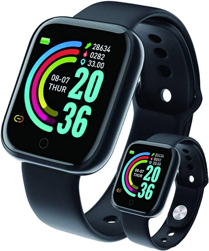 Close-up view of the black smartwatch variant highlighting the high-resolution touchscreen and strap.