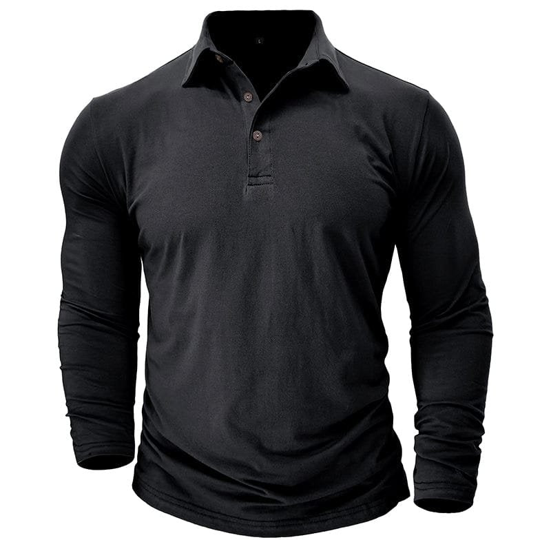 Men's long-sleeve polo shirt in tailored fit, front view showcasing collar and button placket.