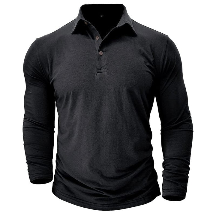 Men's long-sleeve polo shirt in tailored fit, front view showcasing collar and button placket.