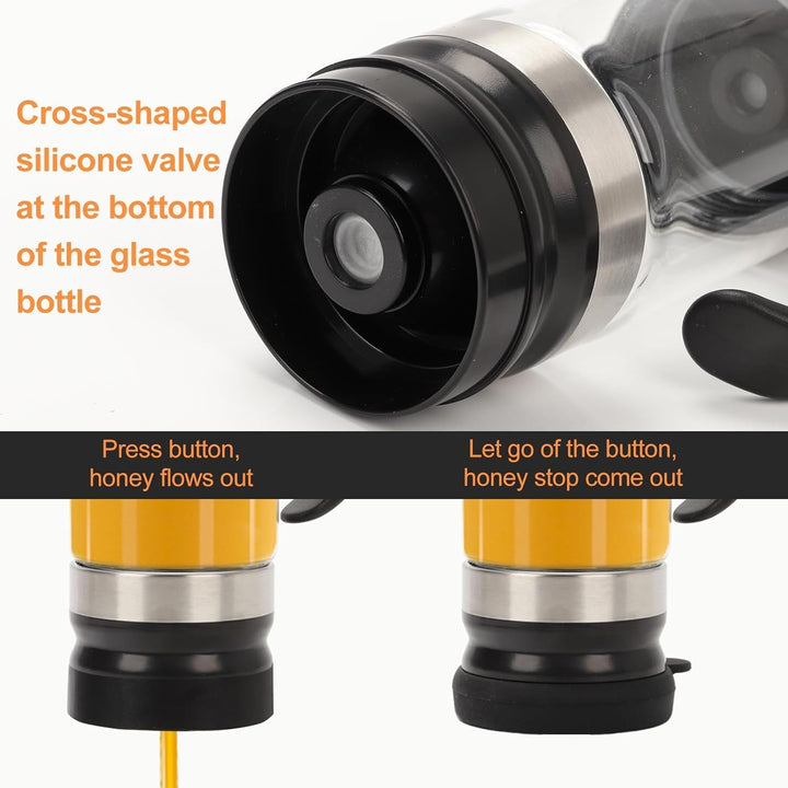 Coffee station accessory glass syrup dispenser filled with amber maple syrup