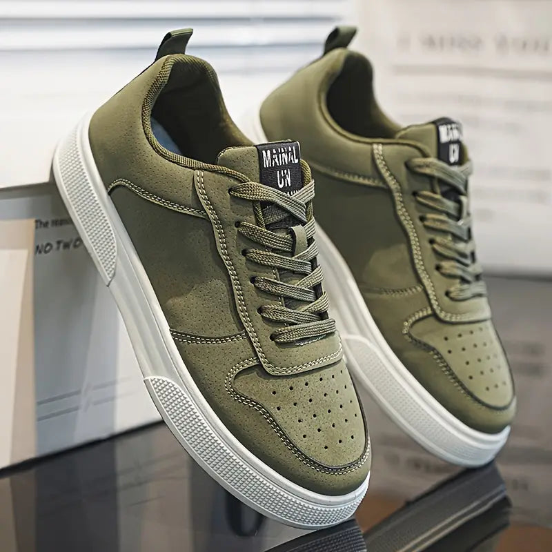 Side angle view of green men's walking sneakers