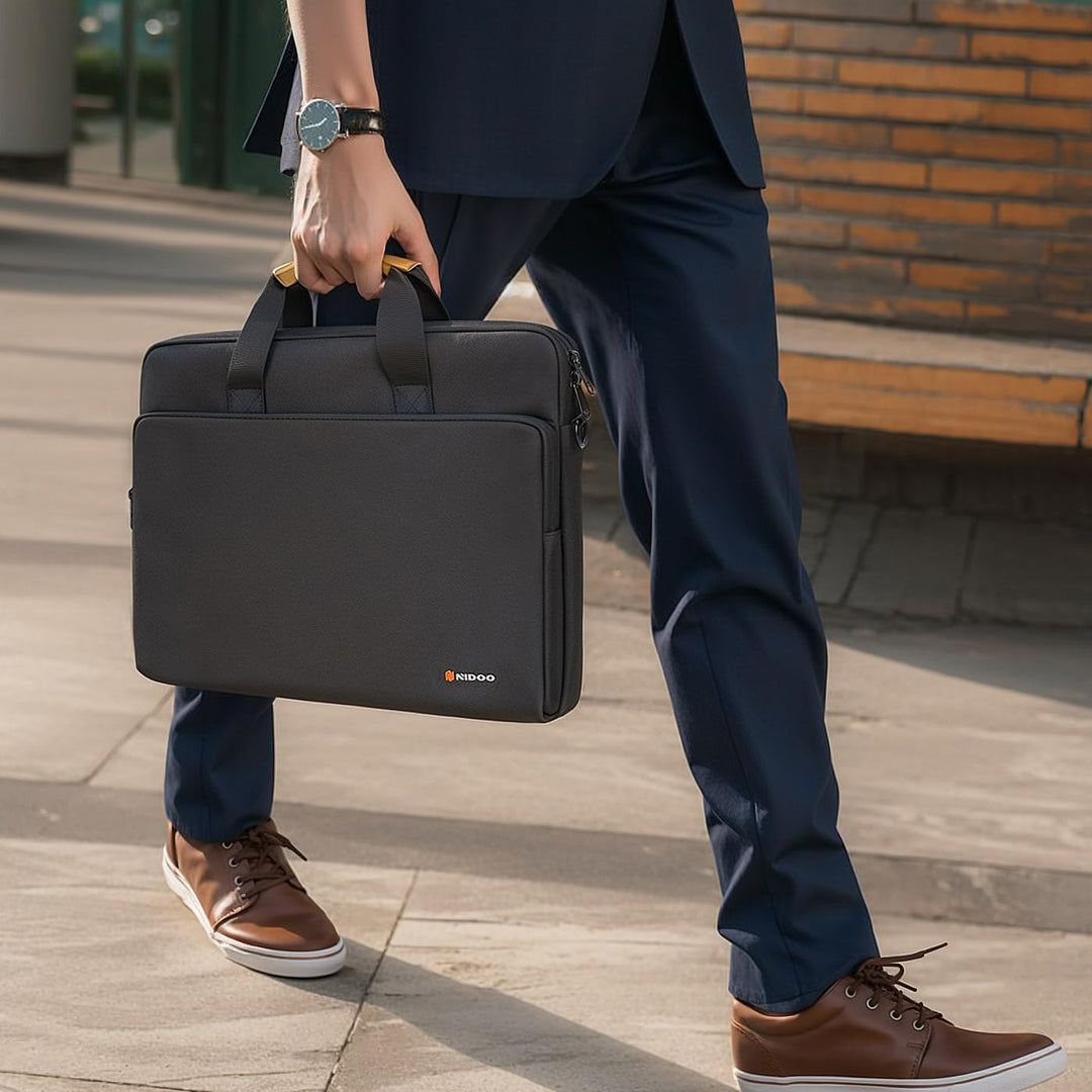 Travel briefcase front zippered compartment for quick access items.