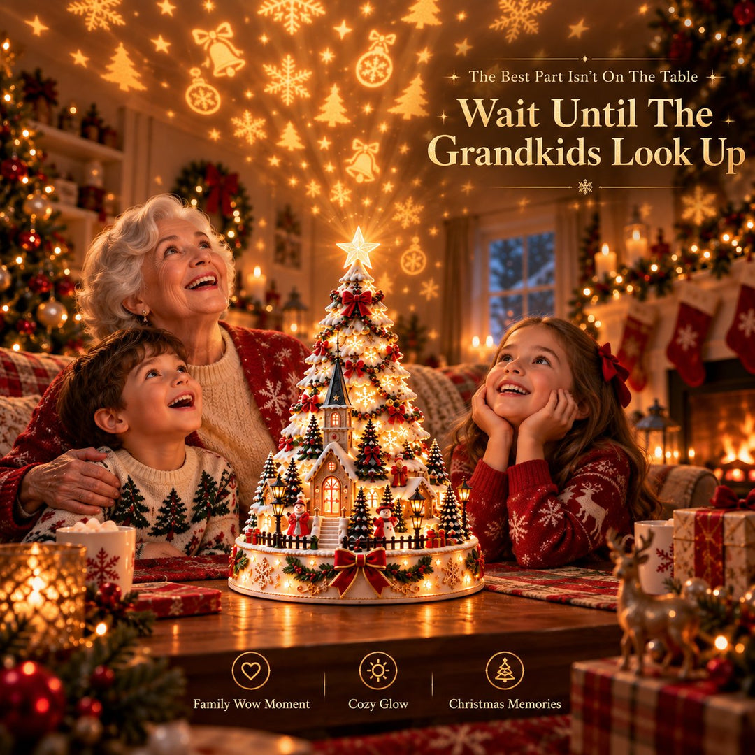 Scenic christmas projection tree adding warmth to winter decor