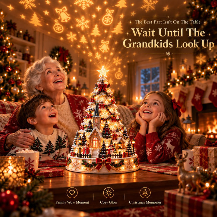 Scenic christmas projection tree adding warmth to winter decor