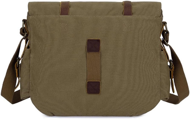Back view of the vintage canvas shoulder bag with reinforced carrying handle