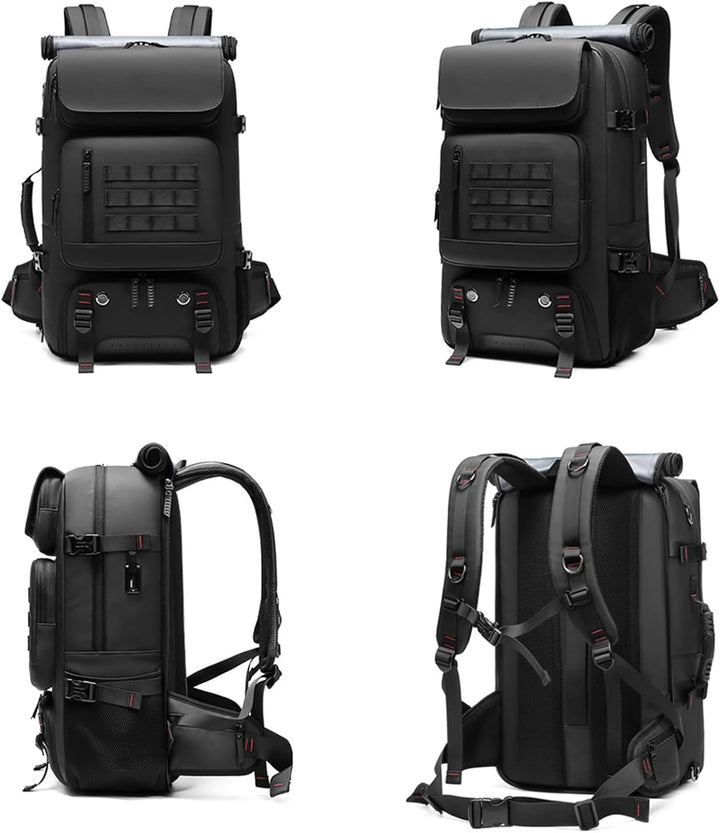 Multiple angles showing the side and rear profile of the black travel backpack