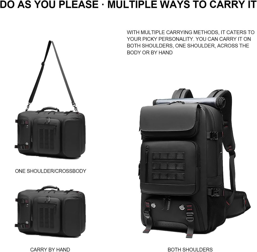 Demonstration of the convertible backpack functioning as a duffel bag and shoulder bag