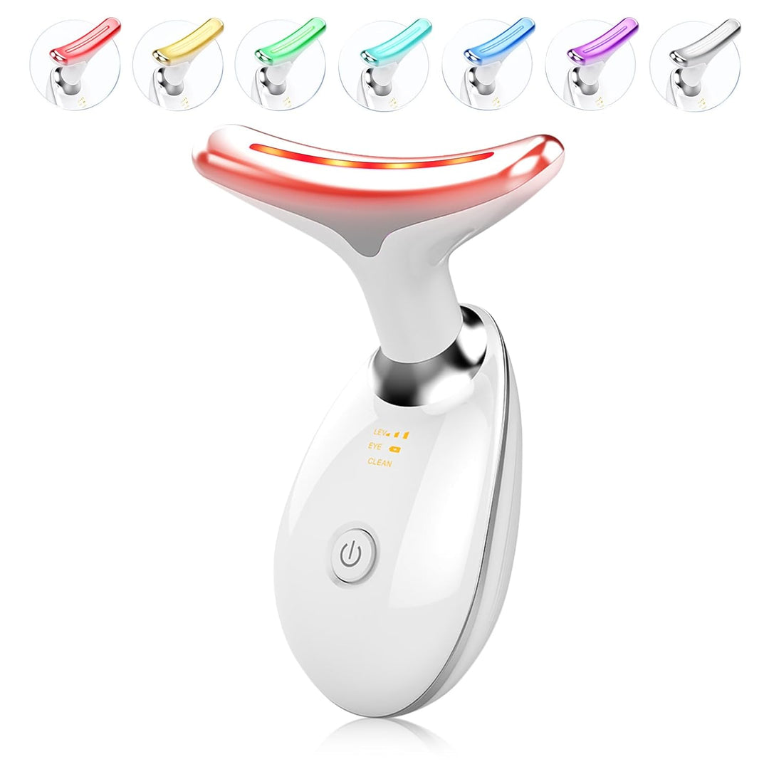 Women's 7-colour LED facial massager device in white with contoured treatment head