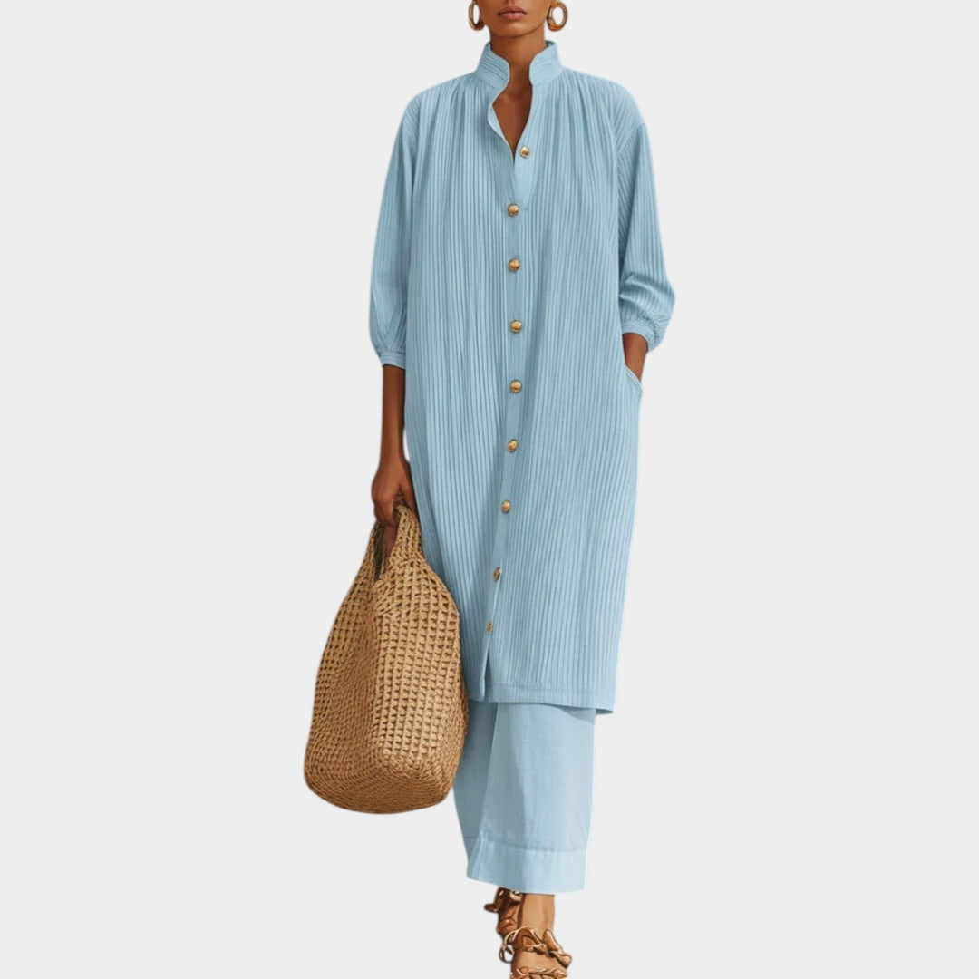 Womens casual two-piece matching set with button-down tunic and wide-leg pants