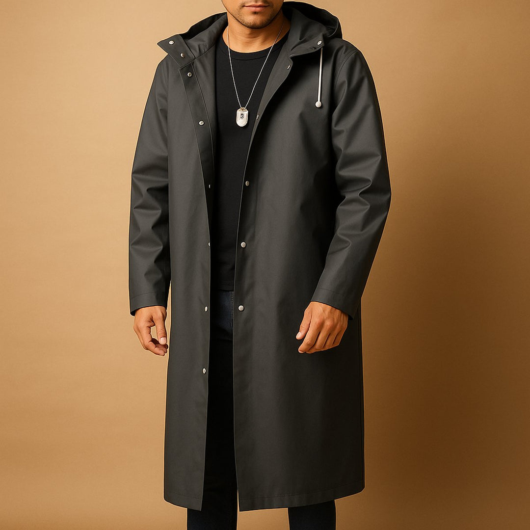 Full view of Everett men's waterproof hooded long rain jacket in black