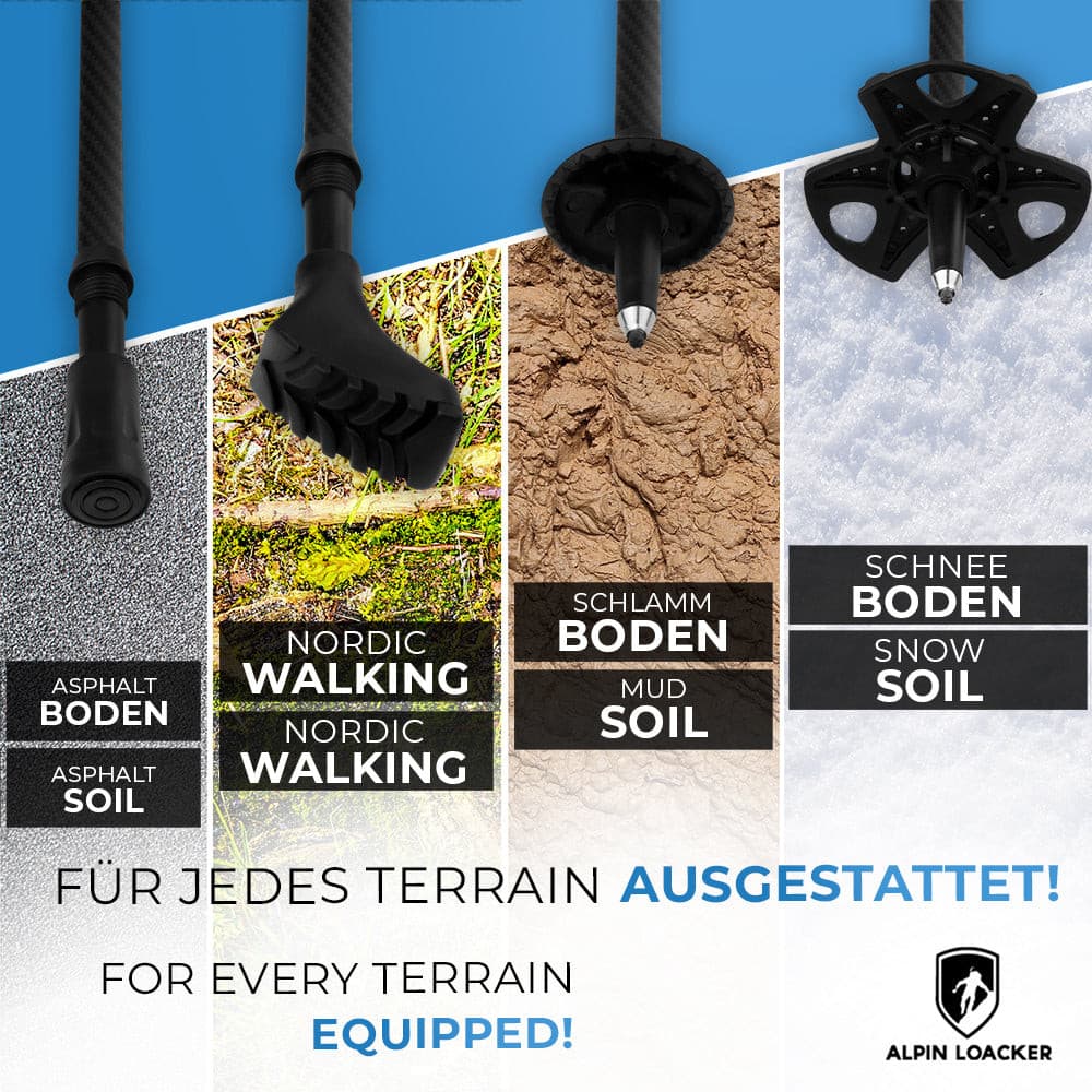 All components of the foldable mountaineering poles laid out flat, showcasing easy assembly.
